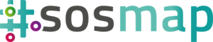 Logo mit stilisiertem Pluszeichen aus bunten Punkten und dem Schriftzug 'sosmap' in Grau und Türkis